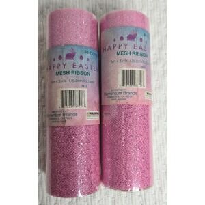 Momentum Brands Happy Easter Mesh Ribbon Pink with Sparkly Glitter 6"x 3 Yards
